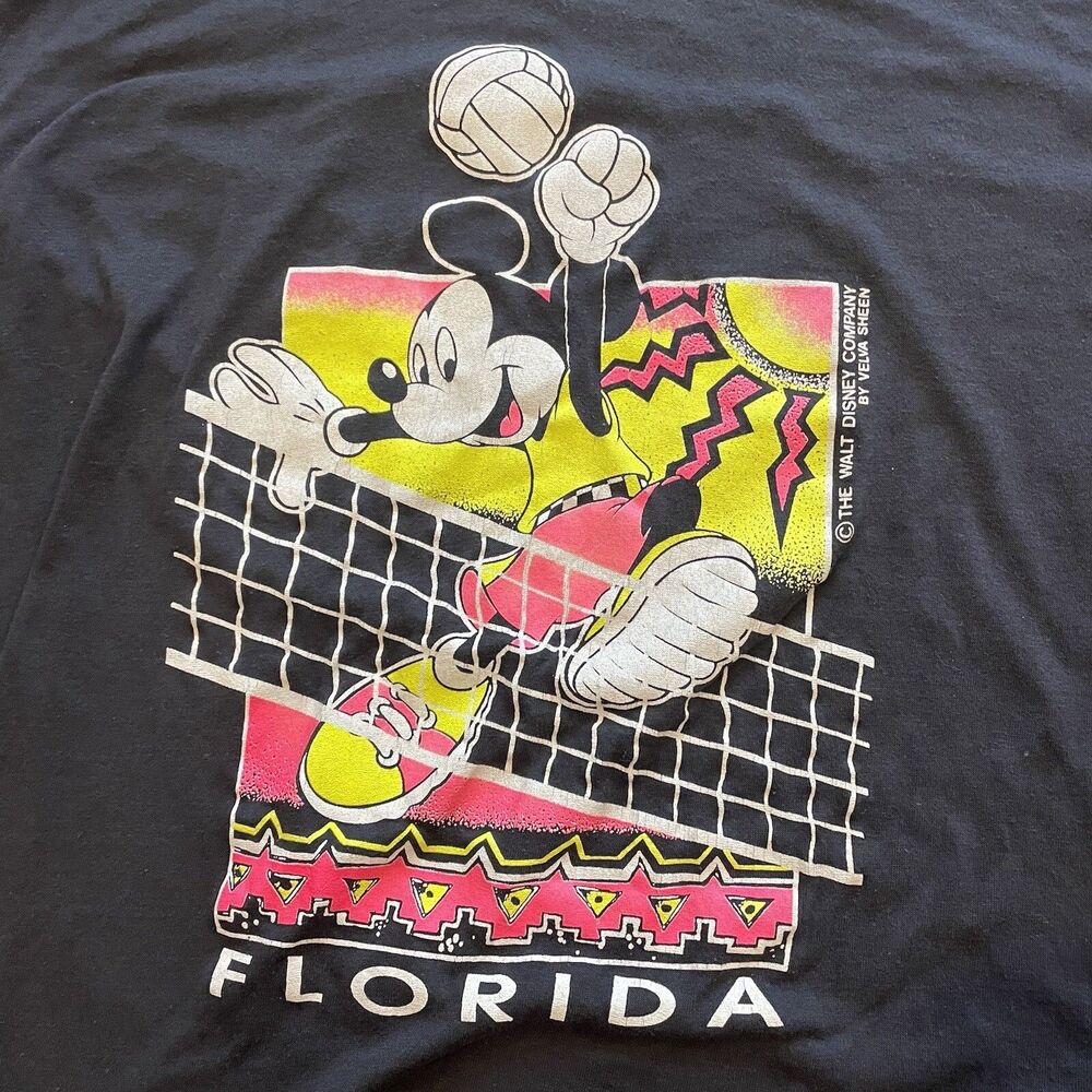 Vintage 80s / 90s Mickey Mouse Florida T-Shirt By Velva Sheen; Adult Sz L; Neon